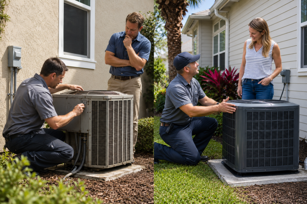 Florida homeowner deciding whether to repair or replace an air conditioning system
