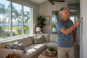 Florida homeowner checking thermostat while experiencing indoor humidity problems despite air conditioner running