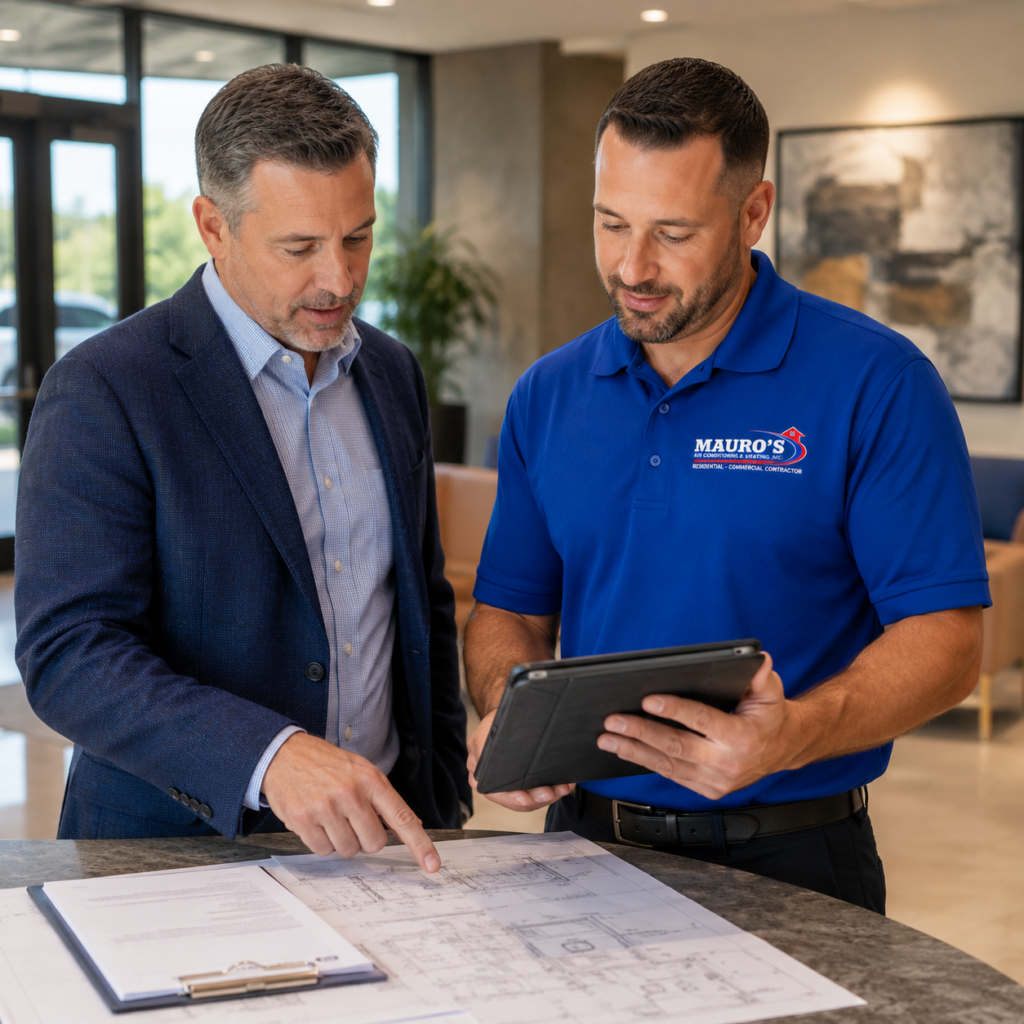Commercial property manager reviewing HVAC maintenance plans with a Mauro's Air technician