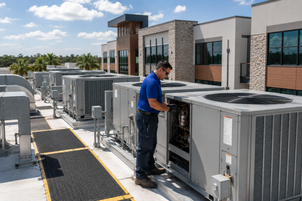 Commercial HVAC technician performing rooftop HVAC maintenance on a Florida office building