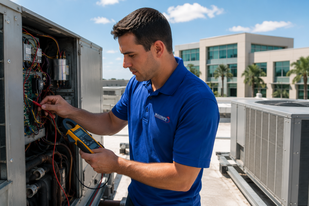 Commercial HVAC technician diagnosing a rooftop HVAC unit