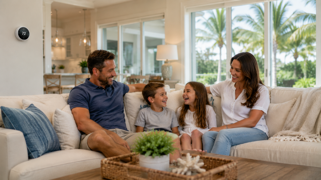 Florida family relaxing comfortably inside a cool, air conditioned home