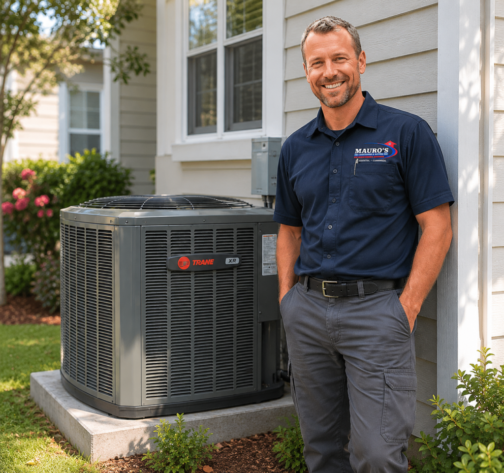 Mauro's Air HVAC technician standing beside a newly installed Trane air conditioning system at a Florida home