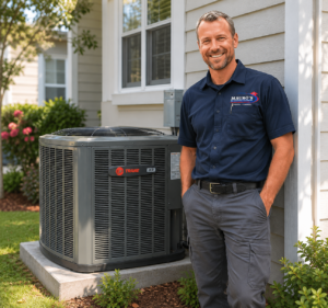 Mauro's Air HVAC technician standing beside a newly installed Trane air conditioning system at a Florida home