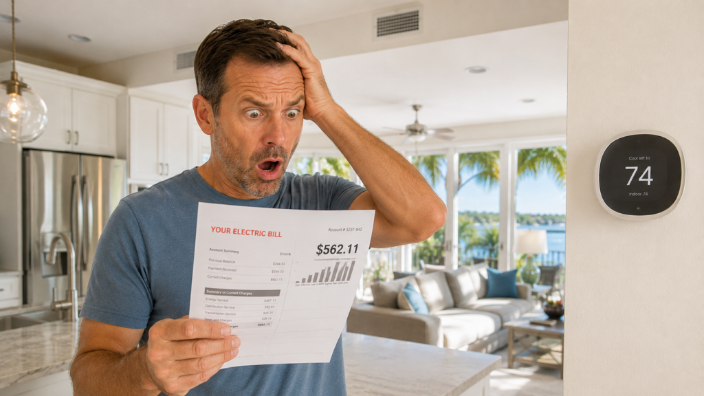 Florida homeowner reviewing a high electric bill during summer while checking thermostat settings