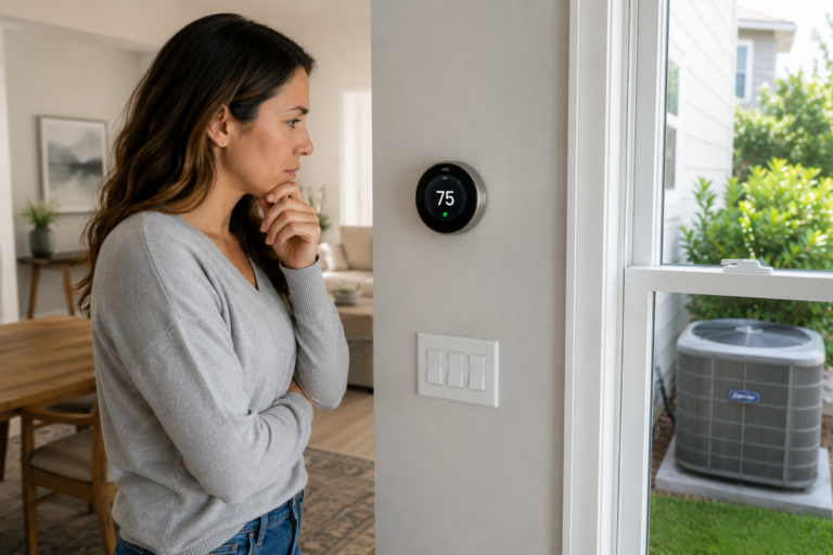 Florida homeowner concerned about an air conditioner running constantly while a Nest thermostat displays 75 degrees.