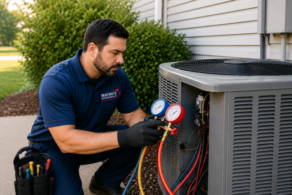 Professional HVAC technician performing preventative air conditioner maintenance on a residential outdoor AC unit in Hudson, Florida.