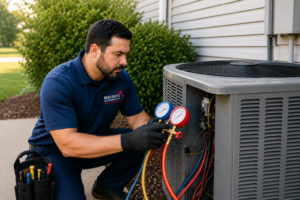 Professional HVAC technician performing preventative air conditioner maintenance on a residential outdoor AC unit in Hudson, Florida.