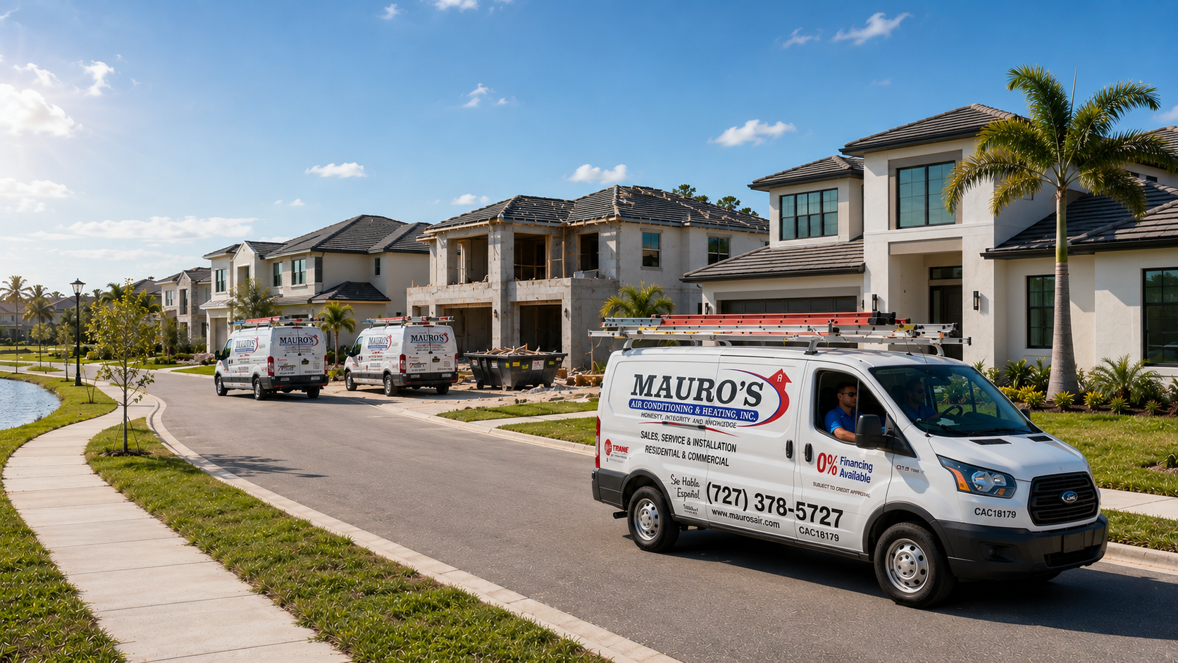 Mauro's Air service van driving through a newly developed Florida neighborhood with homes under construction and completed homes, providing new construction HVAC installation services.