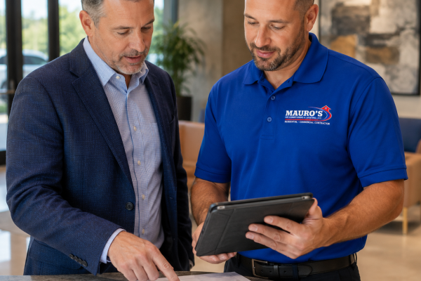 Commercial property manager reviewing HVAC maintenance plans with a Mauro's Air technician